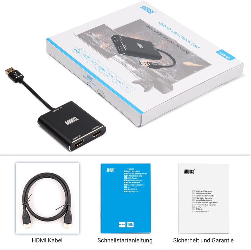 August VGB500 HDMI Capture Card – USB 3.0 Full HD 1080p 60fps – Perfekt für YouTube Twitch Mixer – P