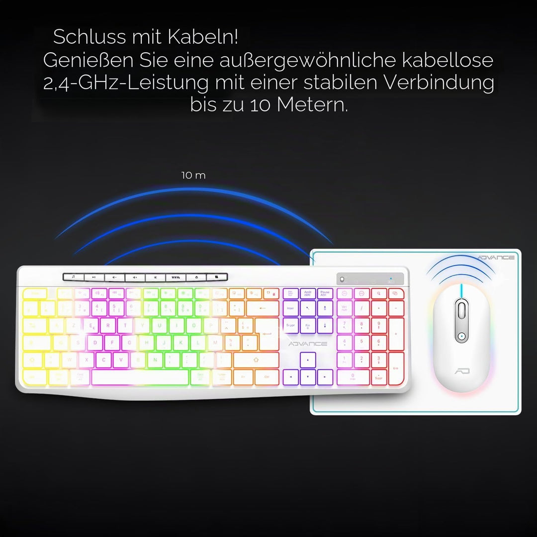 AD Advance - R Type, Set aus kabelloser Maus-Tastatur, leise, rutschfeste Matte, RGB-Hintergrundbele
