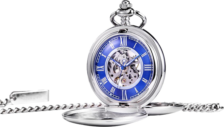 TREEWETO Pocket Watch - Smooth Double Case Series Skeleton Dial Delicate Mechanical Movement with Ch