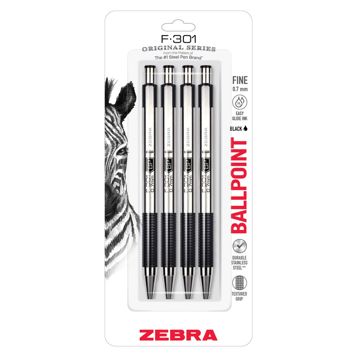 Zebra F-301 Ballpoint Stainless Steel Retractable Pen, Fine Point, 0.7mm, Black Ink, 4-Count (Packag