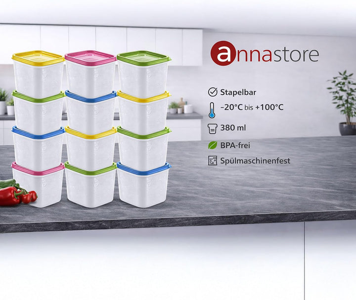 Annastore 12 x hochwertige Tiefkühldosen von -20°C bis + 100°C - Gefrierdosen - Luftdicht - Tiefkühl