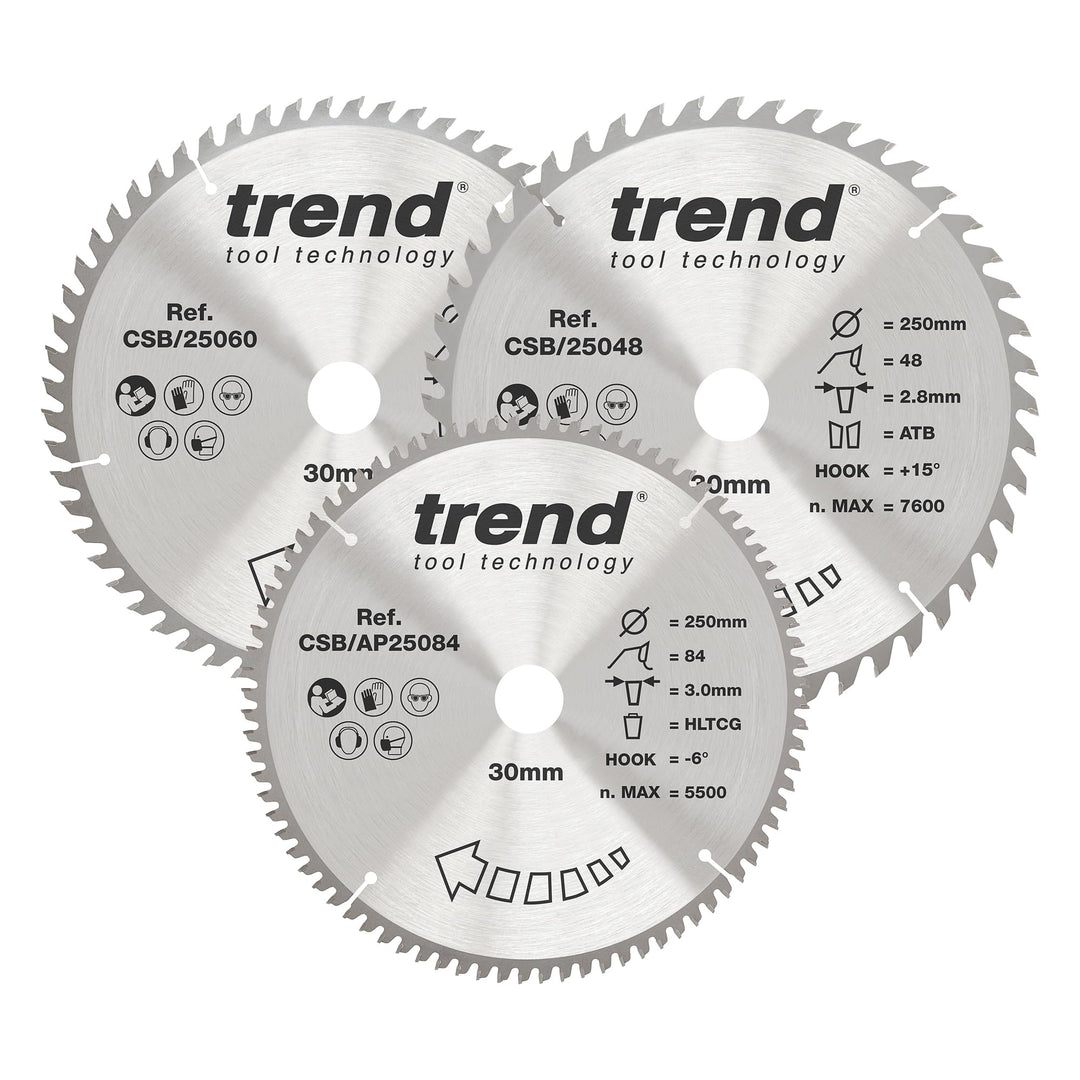 Trend CraftPro Dreierpack TCT-Kreissägeblätter, 250mm Durchmesser x 48, 60 und 84 Zähne x 30mm Bohru