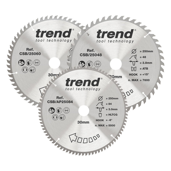 Trend CraftPro Dreierpack TCT-Kreissägeblätter, 250mm Durchmesser x 48, 60 und 84 Zähne x 30mm Bohru