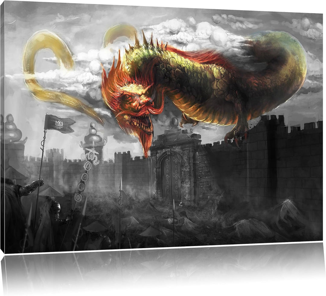 Pixxprint chinesischer Drache über der Festung B&W Detail, Format: 100x70 auf Leinwand, 100x70