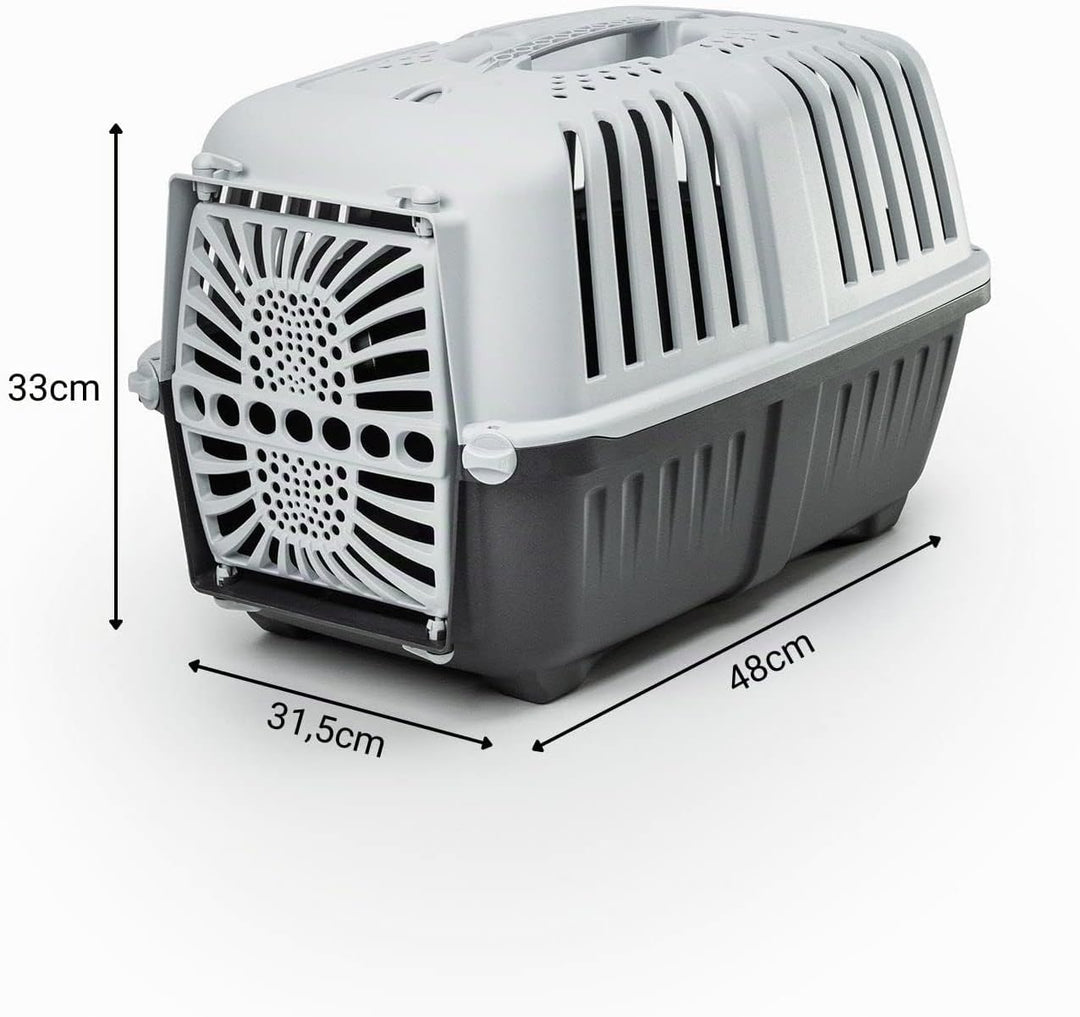 lionto Tiertransportbox für Hunde &amp; Katzen, bis 15 kg, 48x31,5x33 cm, Grau | Kunststoffbox aus robus