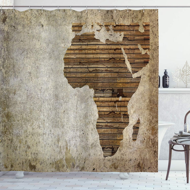 ABAKUHAUS Afrikanisch Duschvorhang, Hölzerne Planke-Afrika-Karte, Trendiger Druck Stoff mit 12 Ringe