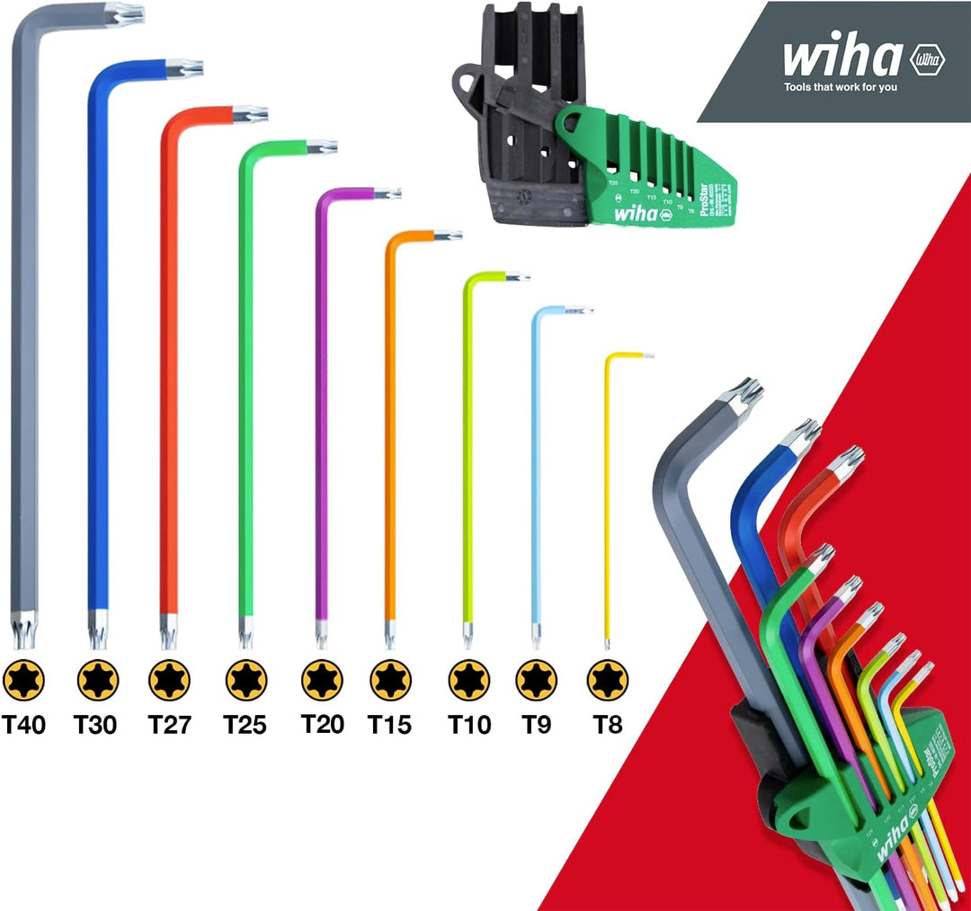 Wiha Stiftschlüssel Set im ProStar Halter I TORX® 9-tlg. farbig leuchtend I Winkelschlüssel Set I TO