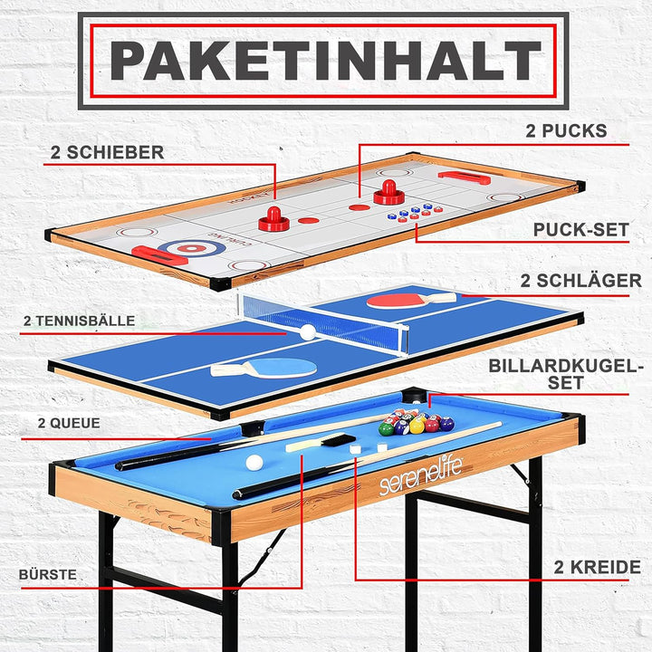 SereneLife Multifunktionstisch, Multigame Spieltisch – 4 in 1 mit Zubehör, Tischkicker, Billardtisch