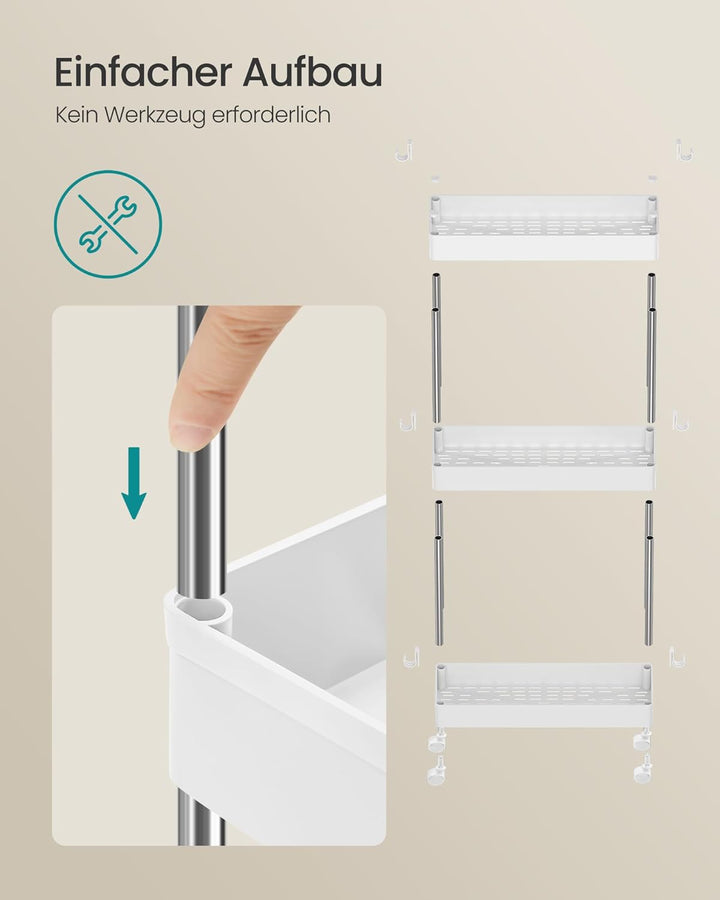 SONGMICS Rollwagen, Küchenwagen, Küchenregal, Nischenregal, mit 6 Haken, 360° drehbare Räder, Stahlg