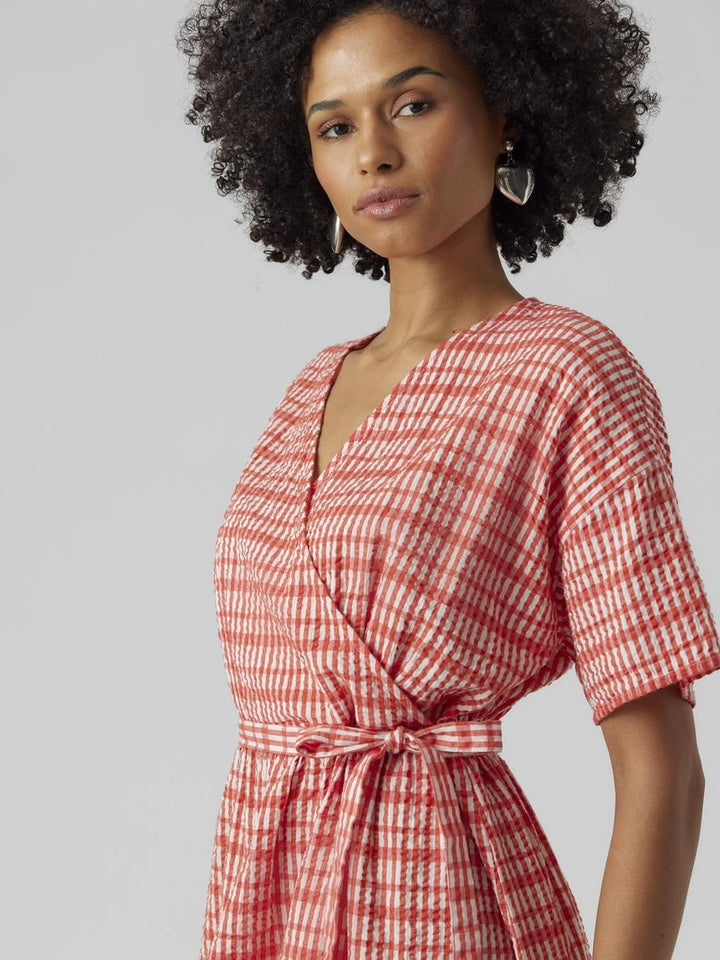VERO Moda Damen Vmdixie 2/4 Wrap Calf Dress WVN Kleid S Bittersweet/Checks:snow White, S Bittersweet