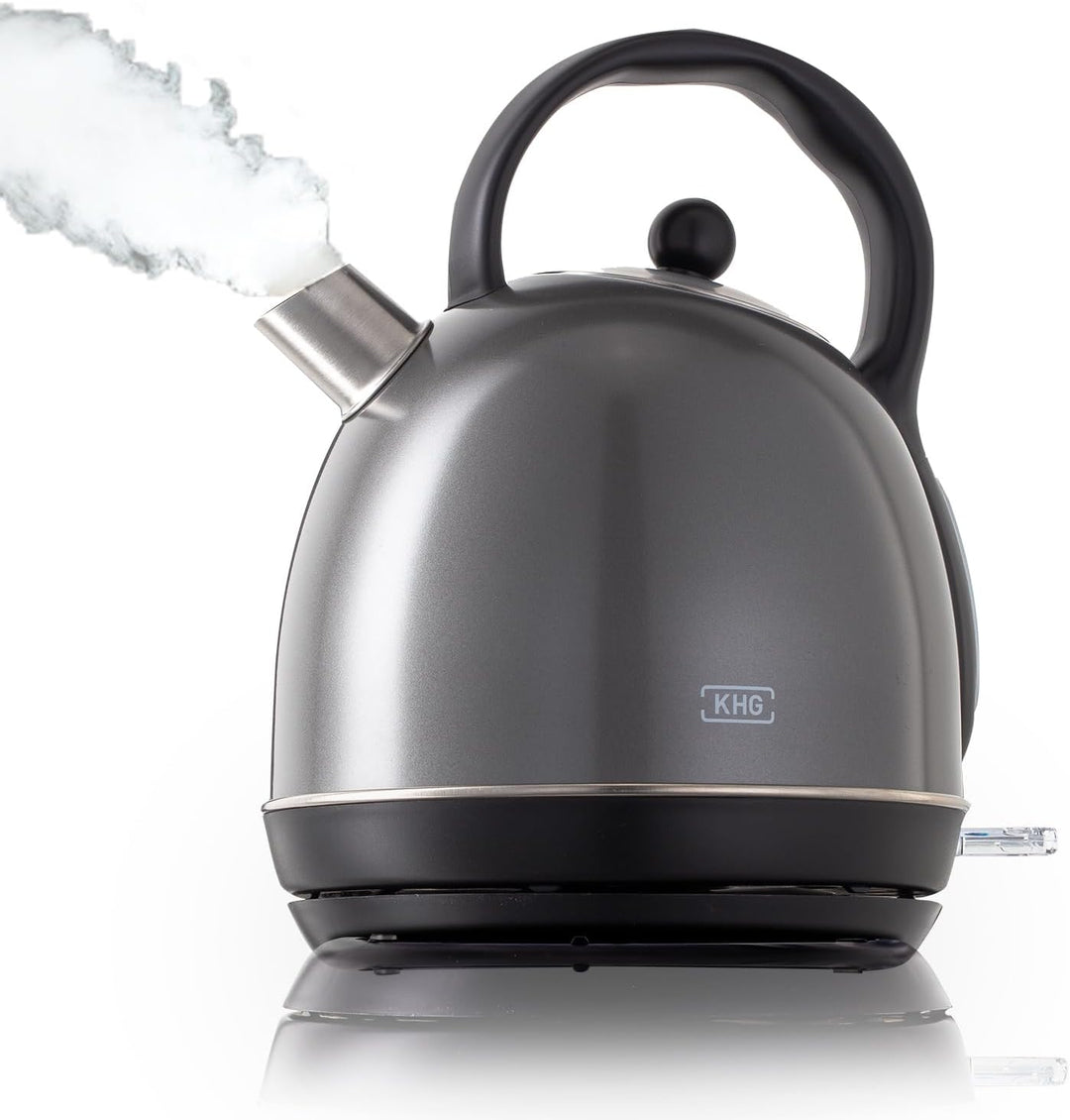 KHG WK-1711 (DG) Wasserkocher Retro 1,7 Liter | Kessel-Wasserkocher in Grau | 360° Sockel | Kalkfilt