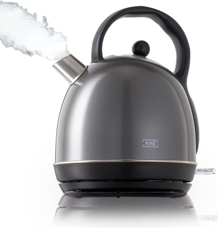 KHG WK-1711 (DG) Wasserkocher Retro 1,7 Liter | Kessel-Wasserkocher in Grau | 360° Sockel | Kalkfilt