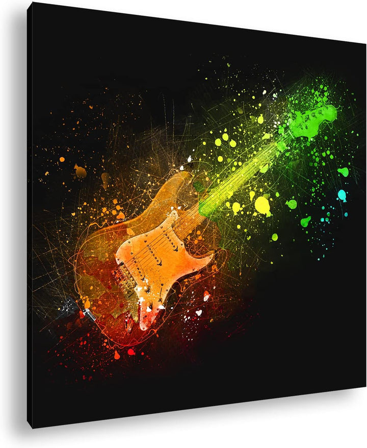farbenfrohe Gitarre Format: 70x70 als Leinwandbild, Motiv fertig gerahmt auf Echtholzrahmen, Hochwer