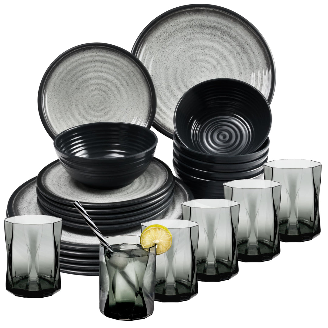 Melamin Geschirr Set für 6 Personen Grau Granit-Optik 24 Teile - mit grauen Trinkgläsern 300 ml - Ca