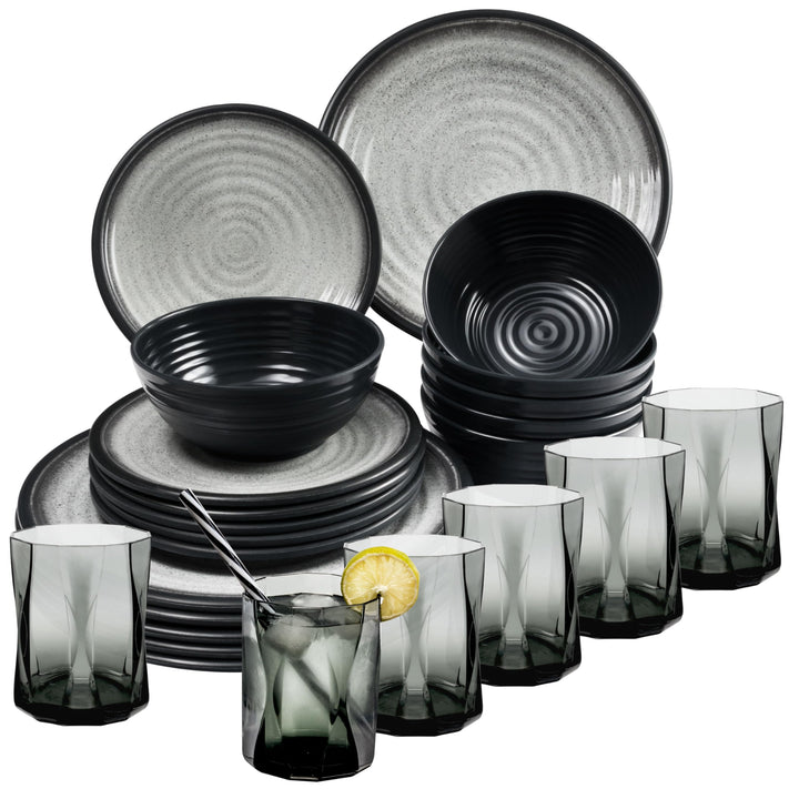 Melamin Geschirr Set für 6 Personen Grau Granit-Optik 24 Teile - mit grauen Trinkgläsern 300 ml - Ca