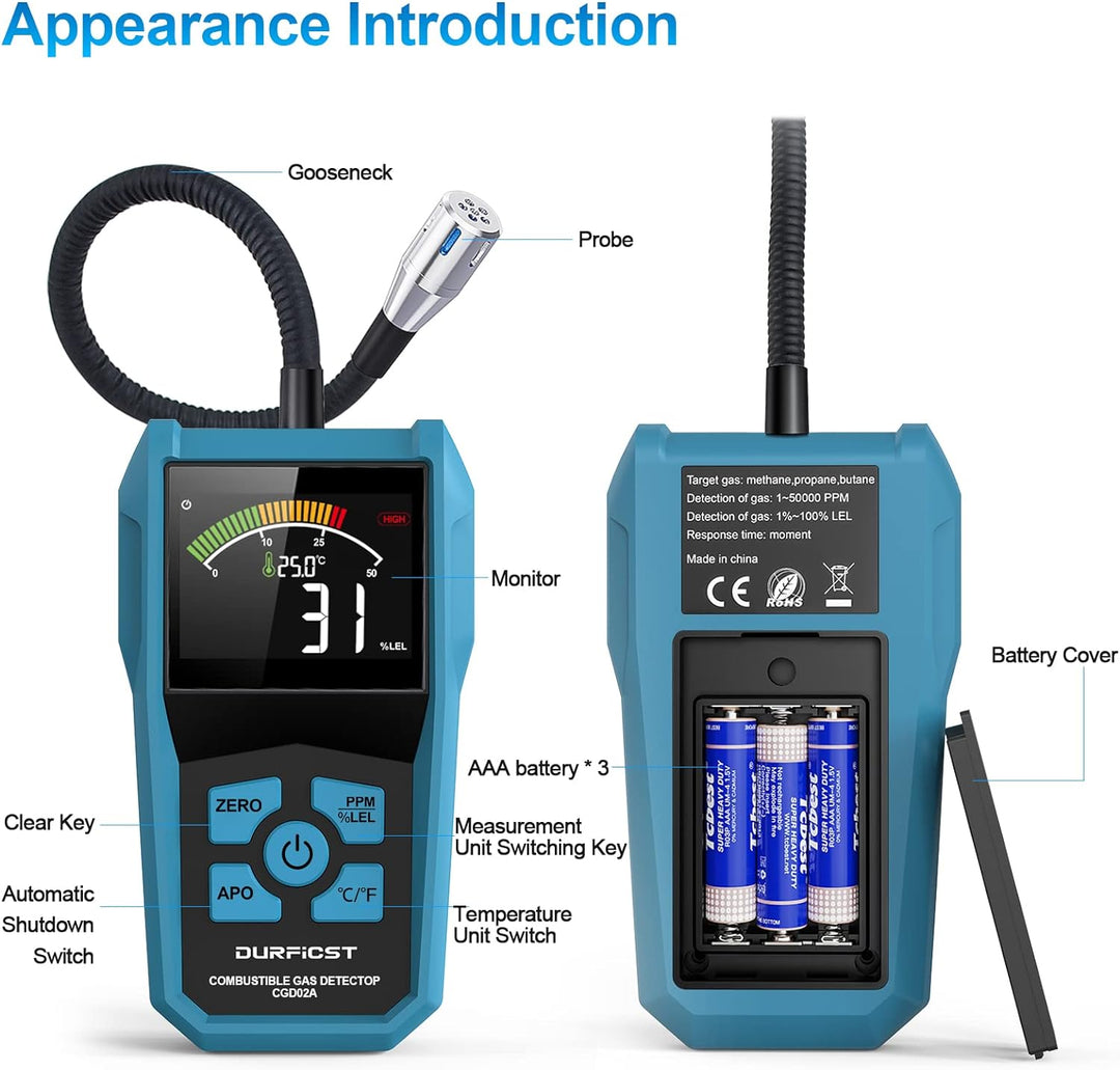 Gaslecksuchgerät, DURFICST Tragbarer Gasmelder Erdgas, Alarmierbarer Gas Detector zur Messung von Er