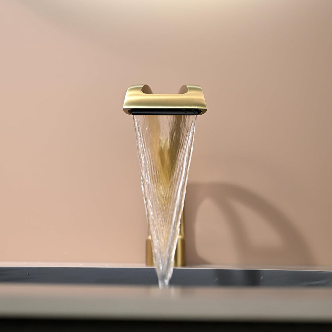 Waschtischarmatur Gebürsteter Gold, Wasserhahn Bad Waschbecken Armatur Wasserfall Badarmatur, Wassse