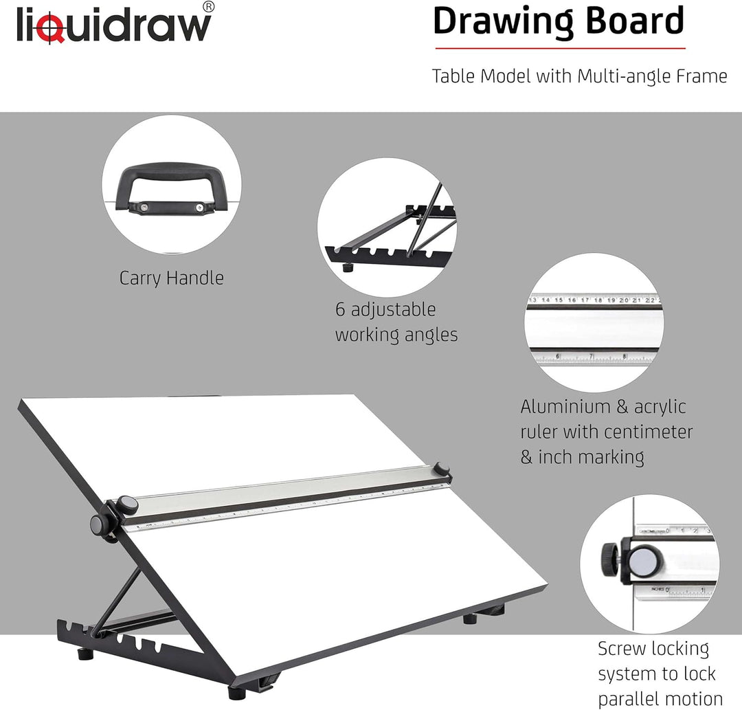 Liquidraw TTM02 Parallel Motion Zeichenbrett, A2, mit 5 verstellbaren Arbeitswinkeln, Clips und quad