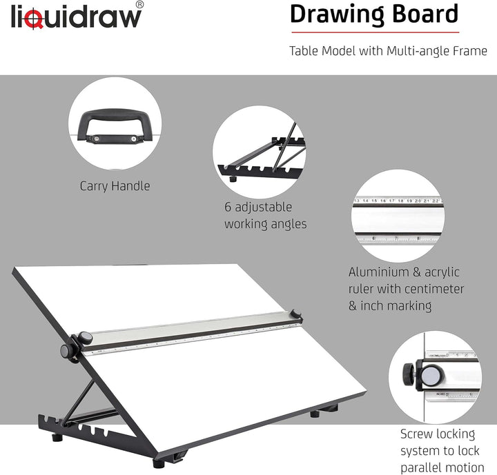 Liquidraw TTM02 Parallel Motion Zeichenbrett, A2, mit 5 verstellbaren Arbeitswinkeln, Clips und quad