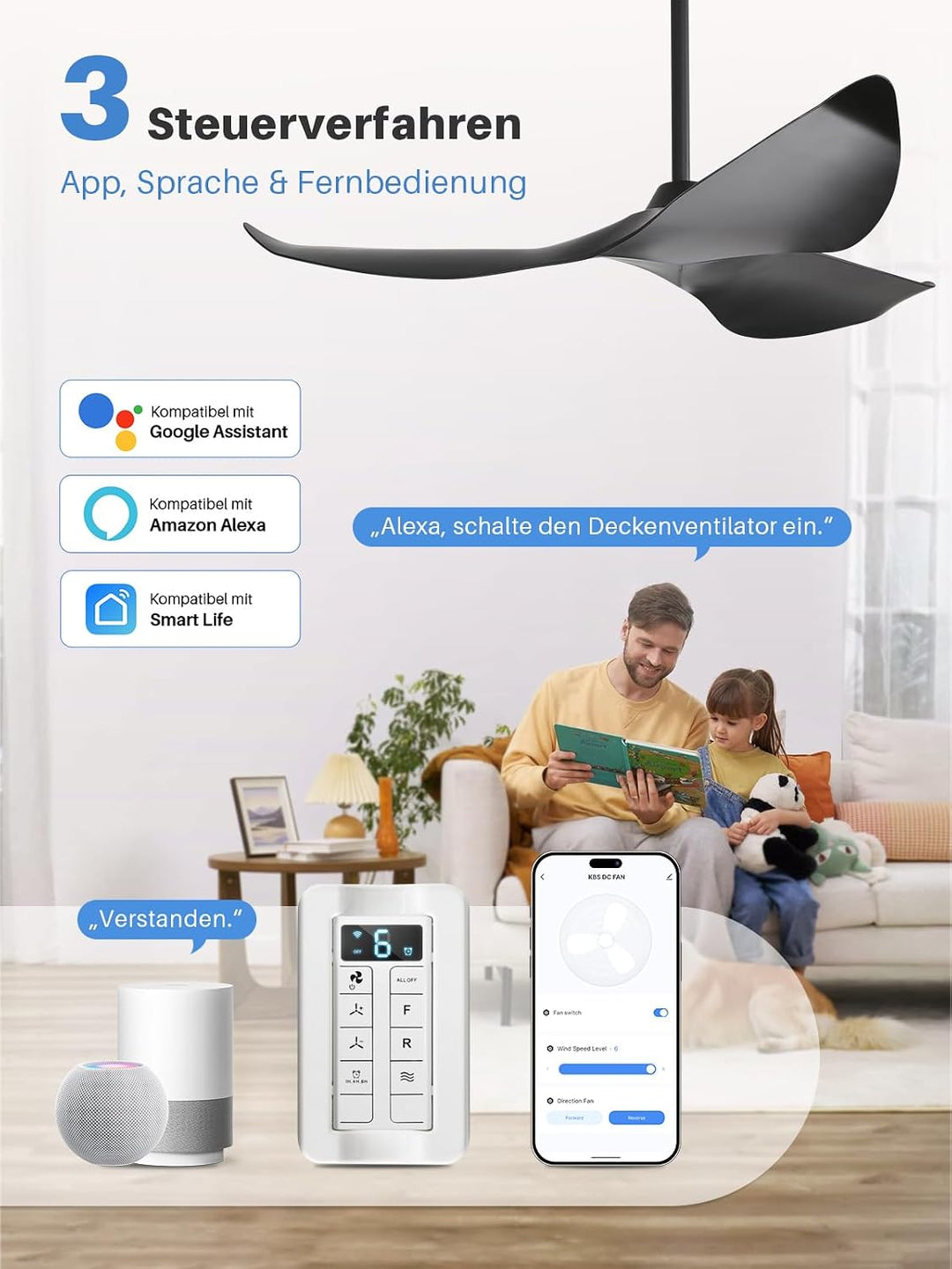Sofucor 97cm Smart Deckenventilator mit Fernbedienung, Leise Deckenventilator mit Alexa/APP, WLAN, D