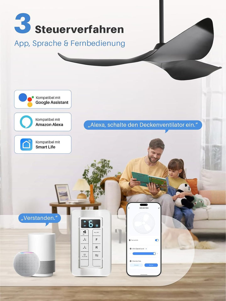 Sofucor 97cm Smart Deckenventilator mit Fernbedienung, Leise Deckenventilator mit Alexa/APP, WLAN, D