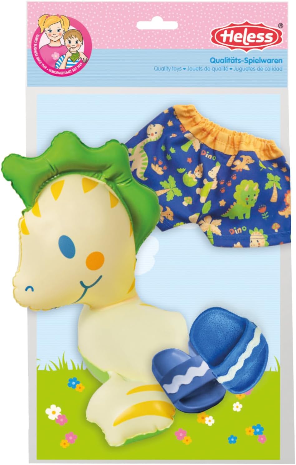 Heless 22 - Schwimm-Set für Puppen im Dino-Design, 3 teilig mit Bade-Hose, Badeschlappen und Schwimm