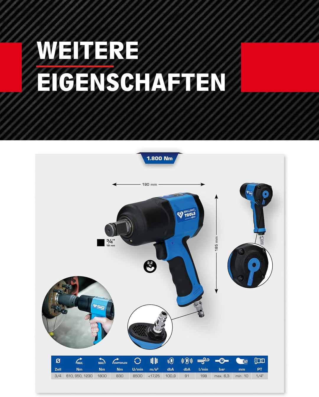 BRILLIANT TOOLS Schlagschrauber Druckluft 3/4" BT160200 1.800 Nm I Druckluft Schlagschrauber in 3-St