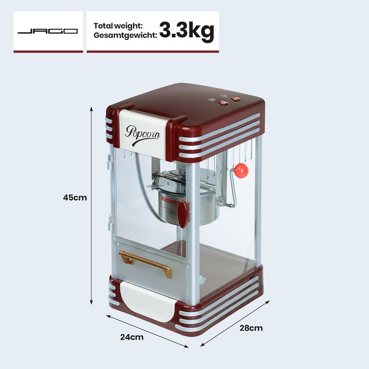 Jago® Popcornmaschine Retro - 60L/h, 200g/10min, Edelstahl Topf, für salziges Popcorn - 50er Jahre L