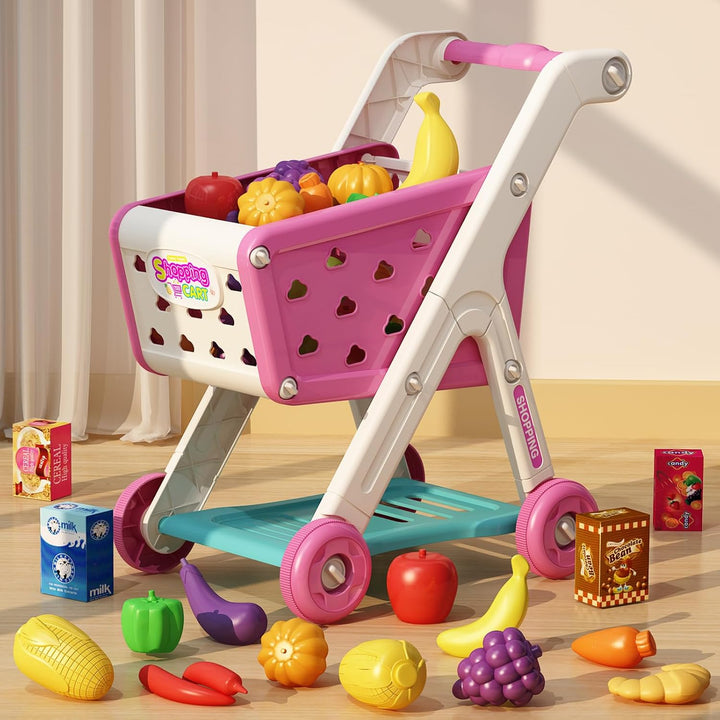JOVOW Kinder Einkaufswagen Spielset, Zubehör für die Kaufladen 98 Stück mit Spielzeug Einkaufstasche
