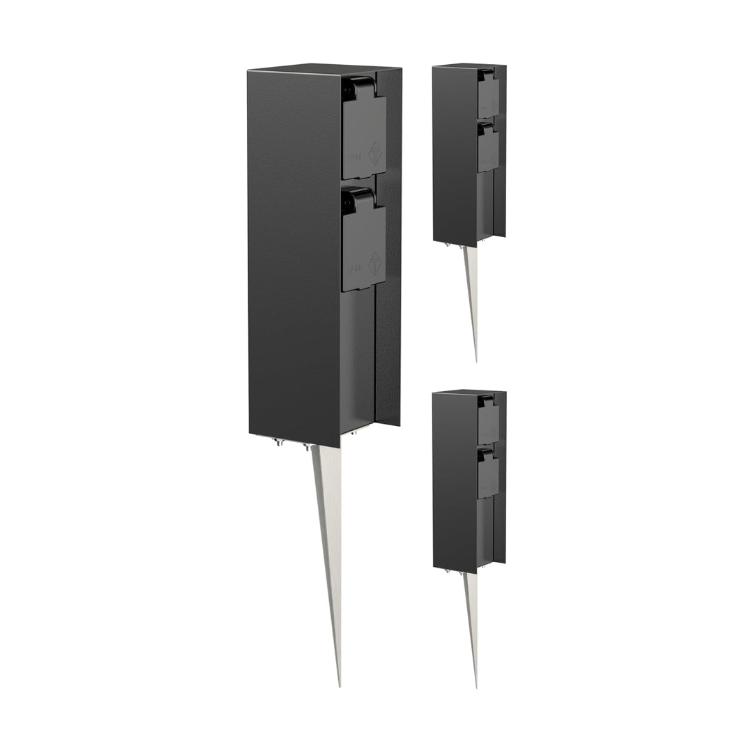 ledscom.de Aussensteckdose POMI mit Erdspiess, wetterfest, IP44, 2-fach, schwarz, eckig, 23cm, 3 Stk