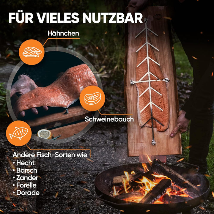 Flammlachsbrettl - Flammlachsbrett aus langlebigem Lärchenholz mit Edelstahlhalterung - ca. 500 x 17