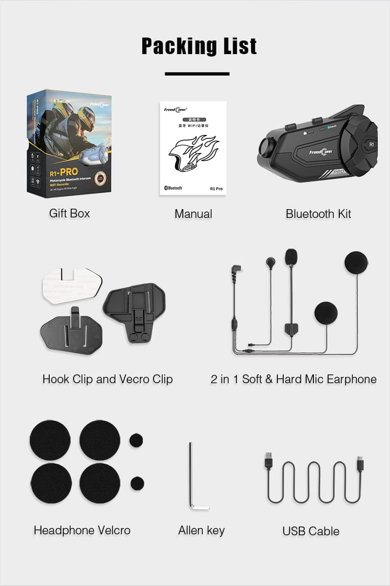 FreedConn Motorrad Helm Bluetooth Headset mit Kamera, R1 Pro 6-Wege 1000M Gegensprechanlage,Motorrad
