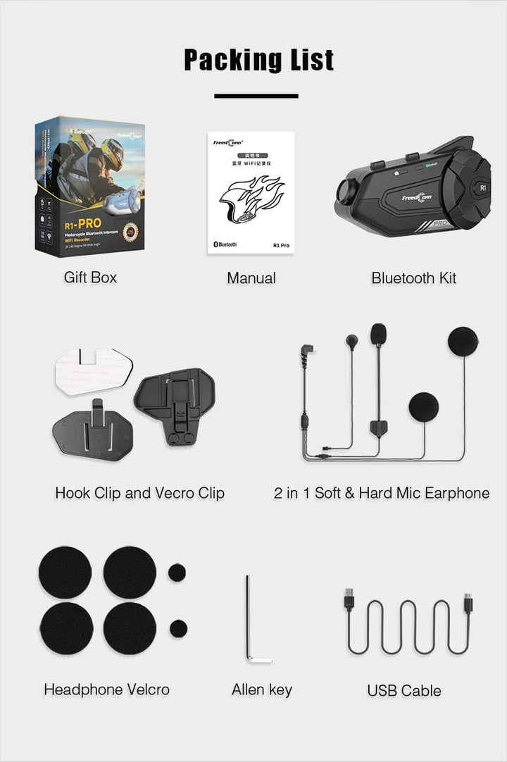 FreedConn Motorrad Helm Bluetooth Headset mit Kamera, R1 Pro 6-Wege 1000M Gegensprechanlage,Motorrad