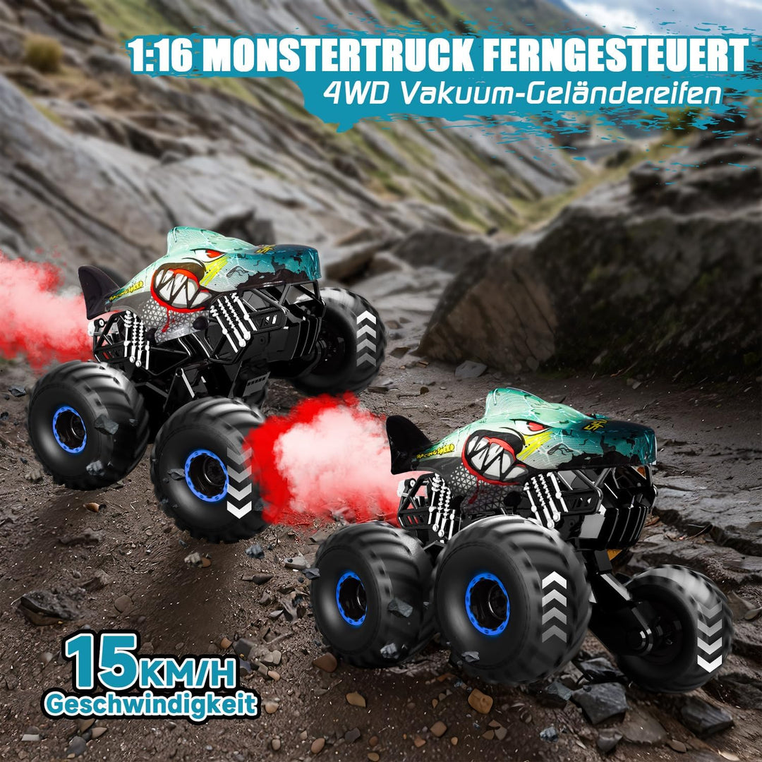 Ferngesteuertes Auto, 1/16 Monstertruck mit Stomp und 360°Drehung, Hai Monstertruck Ferngesteuert mi
