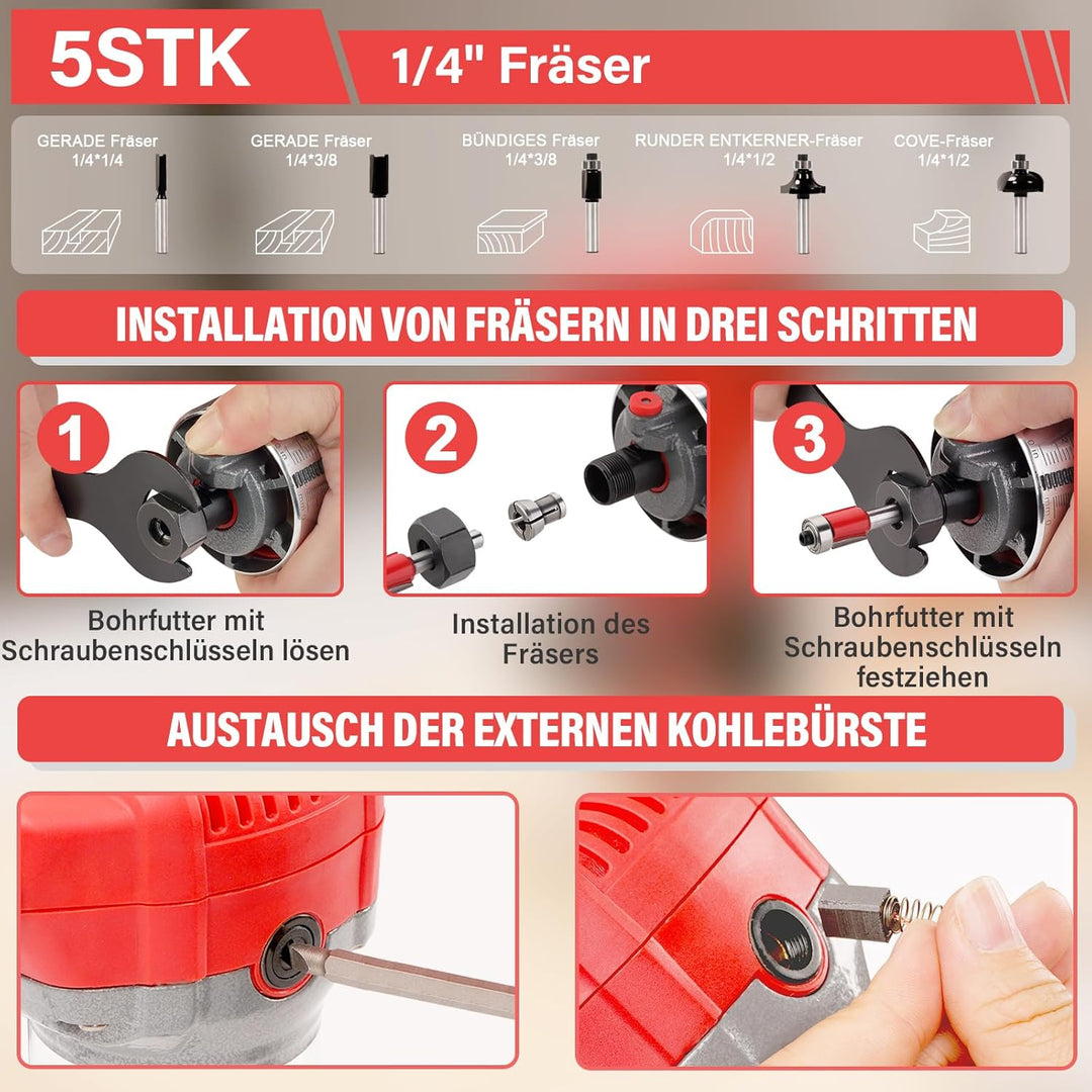 TEENO Holzfräse Oberfräse 710W 13000–33000 U/min mit Staubabsaugungsanschluss, Elektrik Kantenfräse
