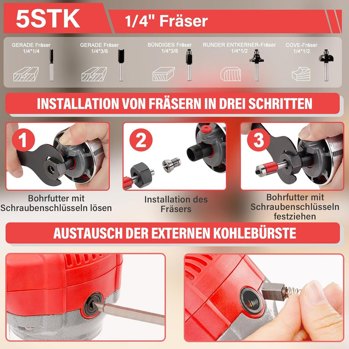 TEENO Holzfräse Oberfräse 710W 13000–33000 U/min mit Staubabsaugungsanschluss, Elektrik Kantenfräse