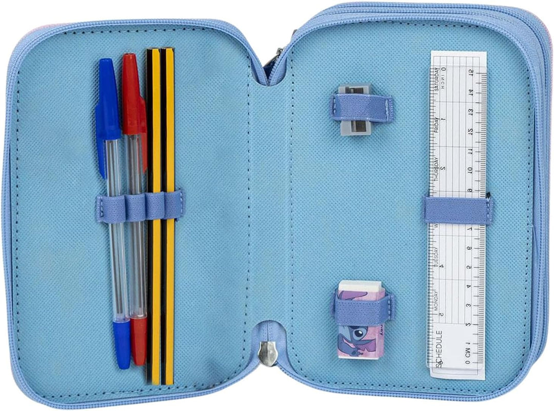 Federmäppchen 3-Fach – 44-teilig gefüllt – für Stitch Fan – mit Filzstiften, Buntstiften, Lineal – R