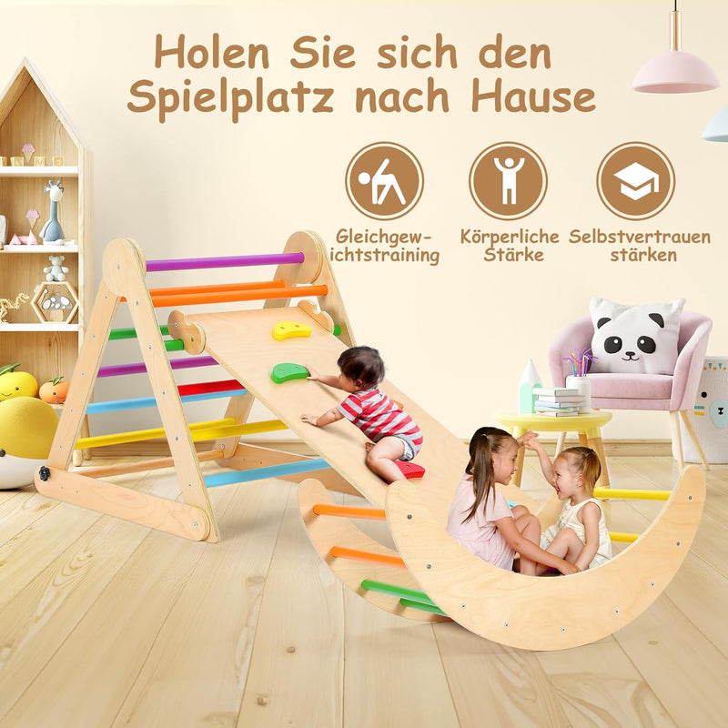 YOLEO Klettergerüst Indoor, 3-in-1 Montessori kletterdreieck mit Rutsche, Kletterbogen, Stabilem Bab