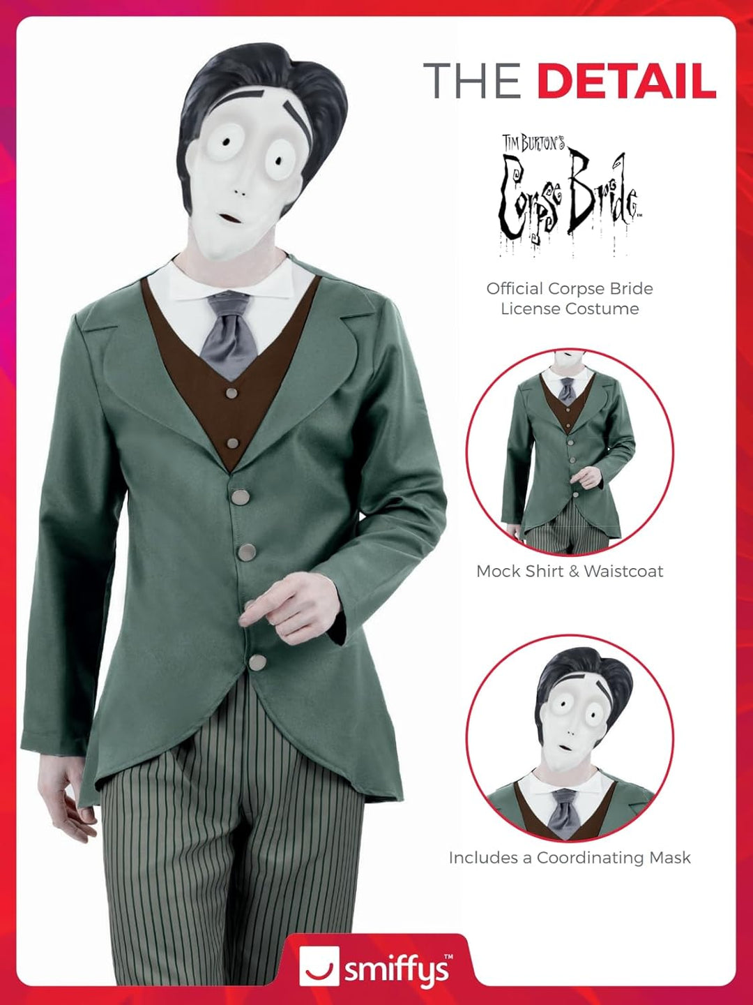 Smiffys Herren Corpse Bride, Victor Van Dort Groom Costume, Mask, Corpse Bride, Victor Van Dort Bräu