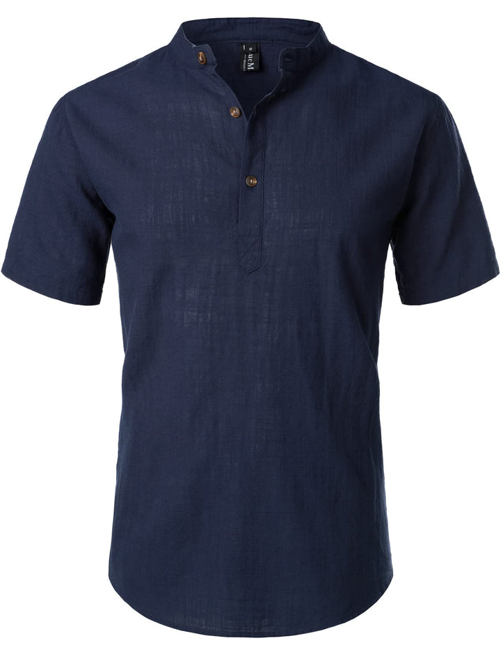 LucMatton Herren Casual Baumwolle Leinen Kurzarm Henley Hemd Sommer Leichte Strandtops mit Stehkrage