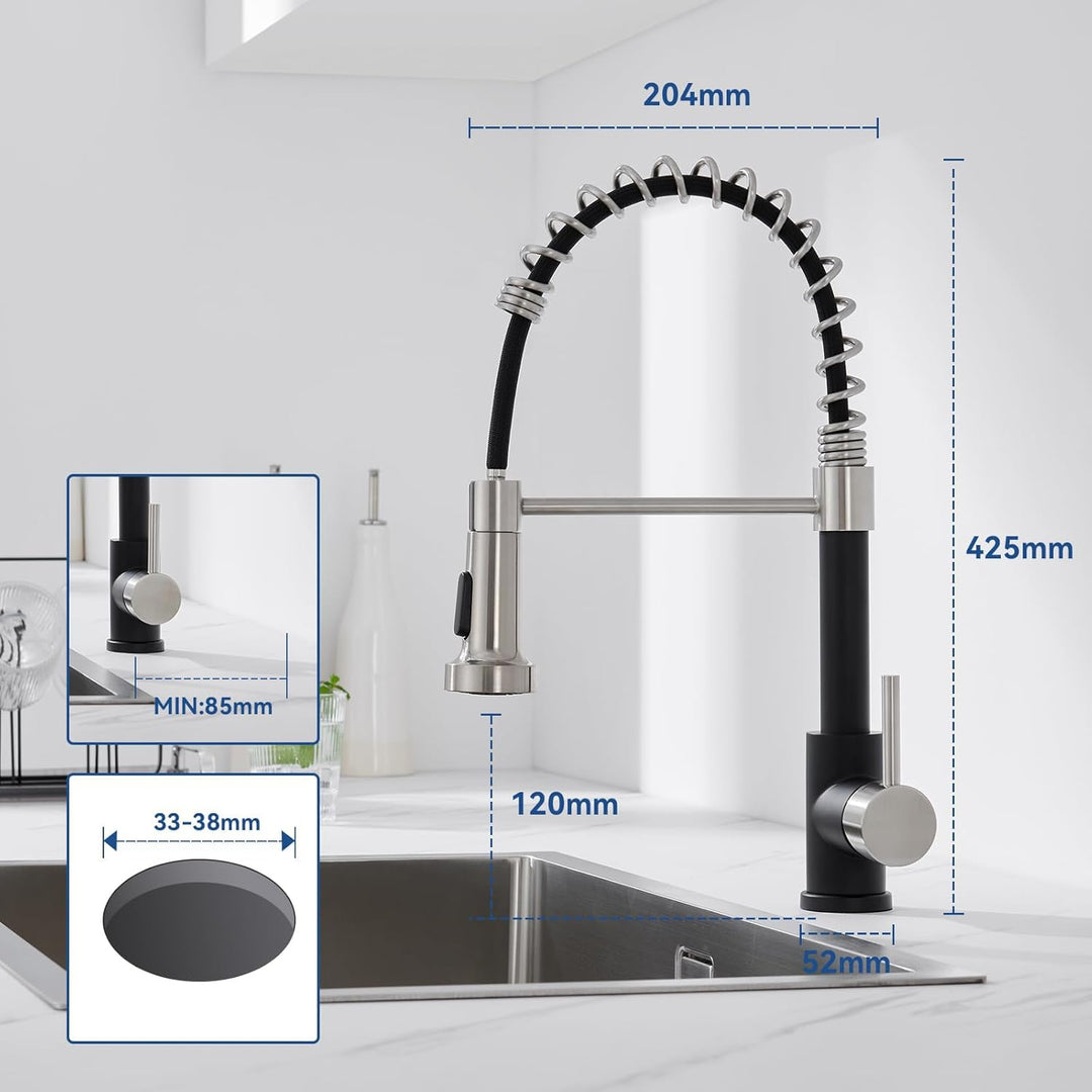 Auralum Wasserhahn Küche Schwarz, Küchenarmatur mit Brause Ausziehbar, Mischbatterie küche mit 2 Str