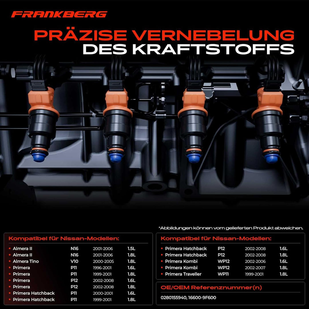 Frankberg 4x Einspritzventil Einspritzdüse Injektor Kompatibel mit Almera II 2000-2006 Primera 1996-