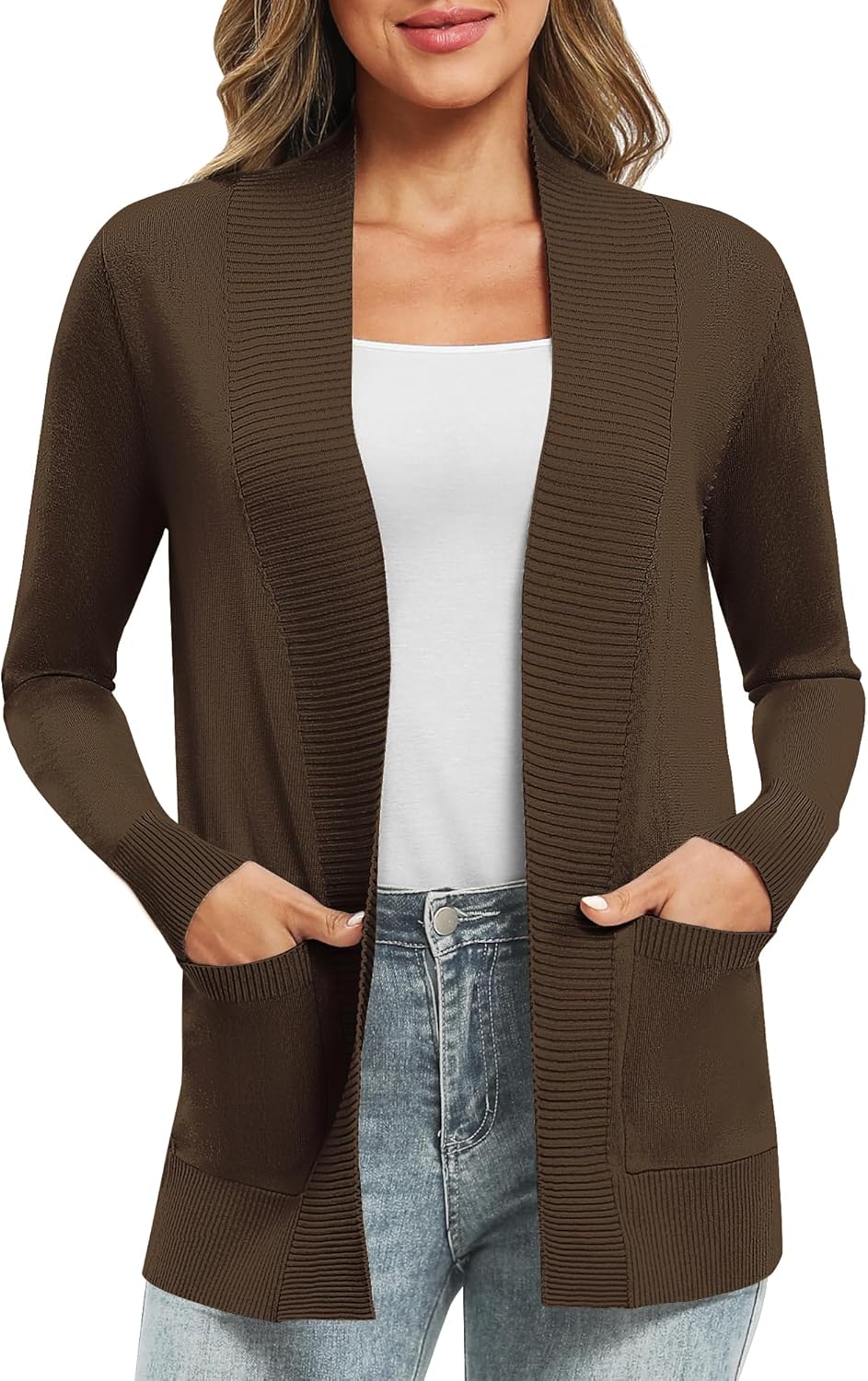EXCHIC Leicht Damen Lange Ärmel V-Ausschnitt Lange Gestrickt Cardigan Gemütlich Offene Front Strickj