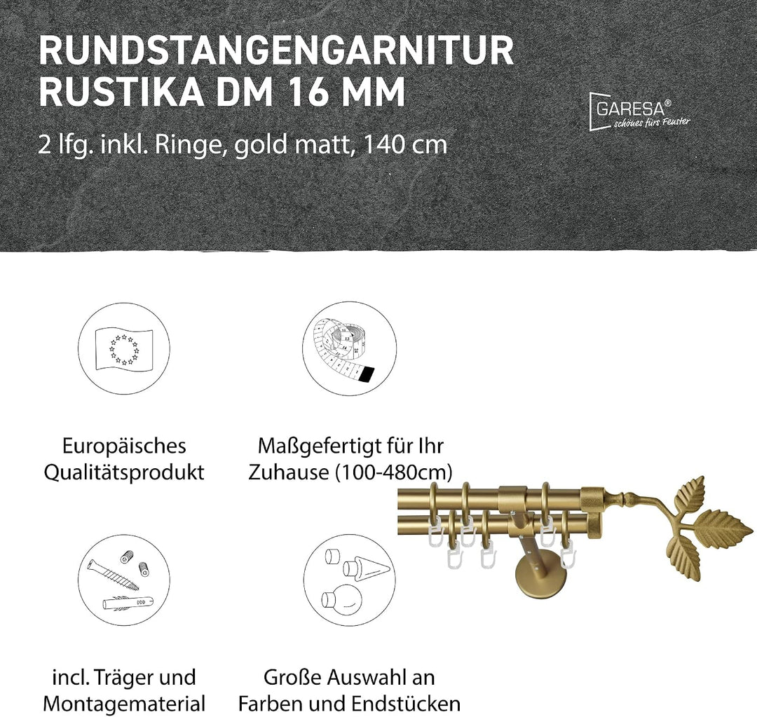 Garesa Gardinenstange Rustika Ø 16mm, 2-läufig, Gold, matt I Rustikale Vorhangstange aus Metall inkl