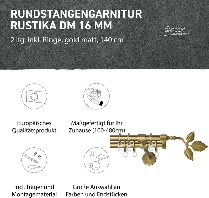 Garesa Gardinenstange Rustika Ø 16mm, 2-läufig, Gold, matt I Rustikale Vorhangstange aus Metall inkl