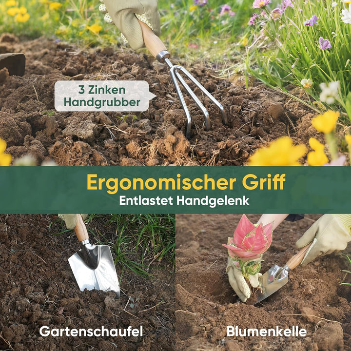 Gartenwerkzeug Set, 3-teilig Gartengeräte aus Hochwertigem Edelstahl, Garten Zubehör klein Gartensch