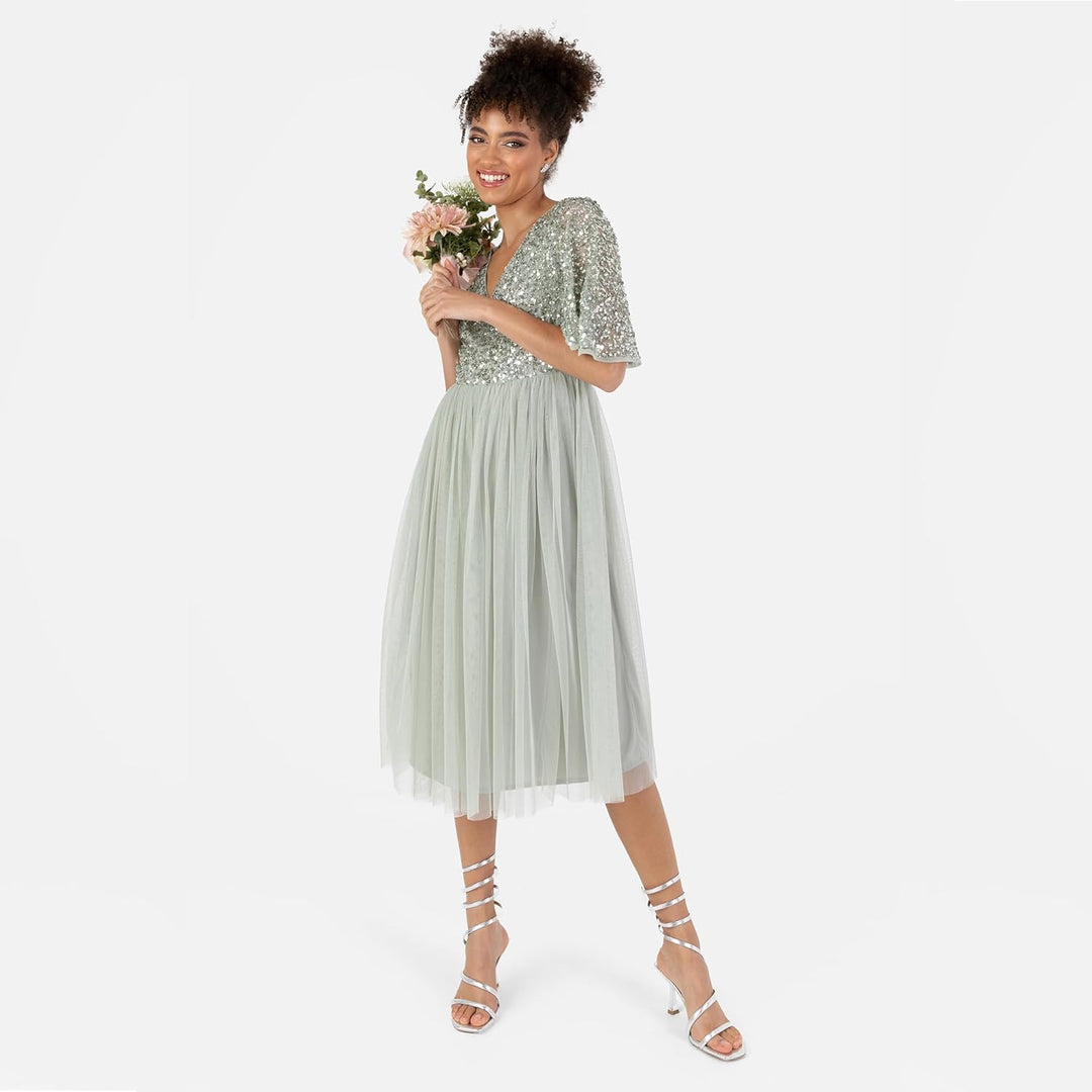 Maya Deluxe Damen Midi Abendkleid Cocktailkleid Abschlussball V-Ausschnitt Kurze Ärmel Tüllkleid Ele