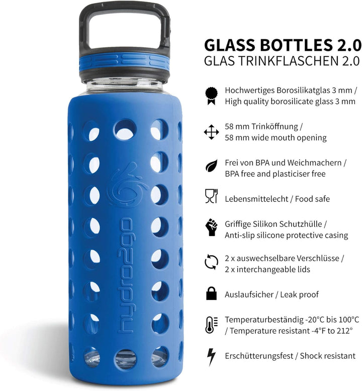 hydro2go® Trinkflasche aus Glas mit Silikonhülle 950 ml - spülmaschinenfest | 2 auswechselbare Decke