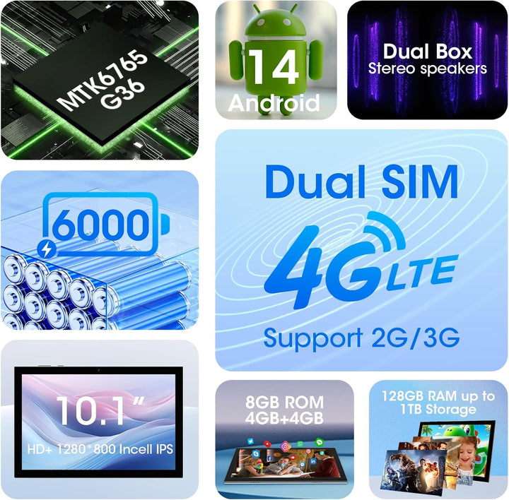 CWOWDEFU Tablet with SIM Card Slot,10 Inch Tablet 4G LTE and Phone (Make Calls),Android 14,8GB RAM,1
