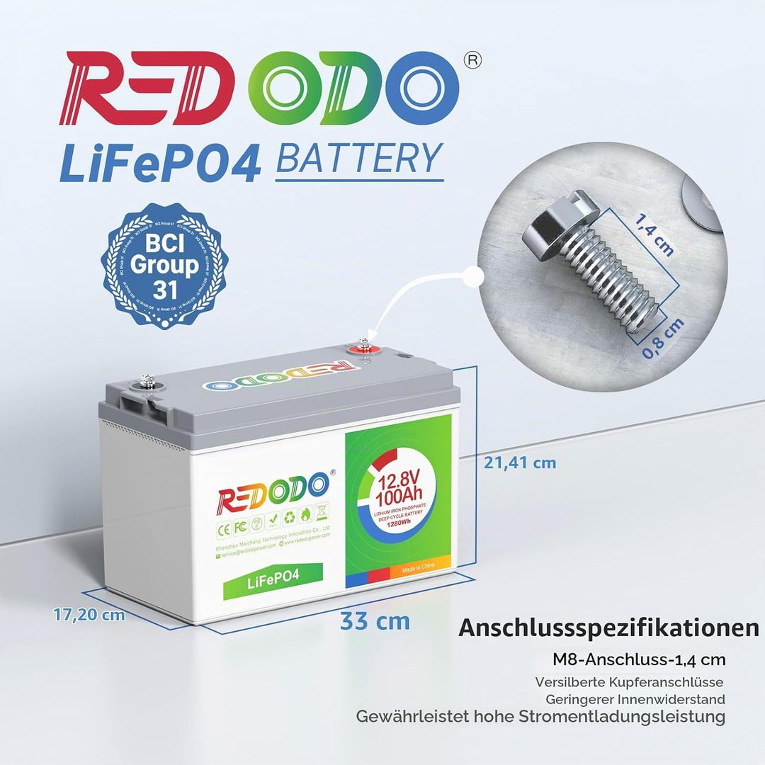 Redodo 12V 100Ah LiFePO4 Batterie, 1280Wh Lithium Akku über 4000 Mal Tiefzyklus, wiederaufladbare Ba